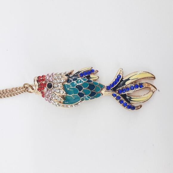 Blue Fish Enamel Rhinestone Long Gold Tone Chain Necklace Color Multi colored - Picture 13 of 14